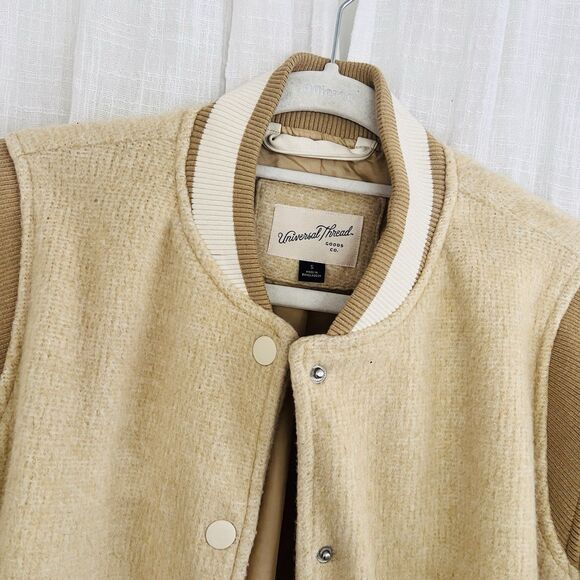 Women's Tan and Cream Varsity Jacket - Picture 2 of 10